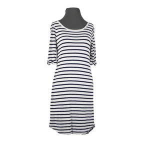 Splendid Sz S White Navy Blue Striped Round Neck Polyester Cotton Dress
