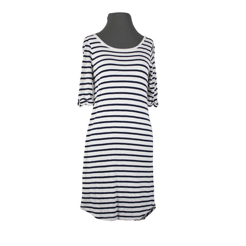 Splendid Sz S White Navy Blue Striped Round Neck Polyester Cotton Dress