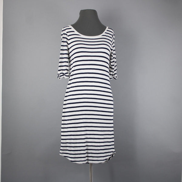 Splendid Sz S White Navy Blue Striped Round Neck Polyester Cotton Dress