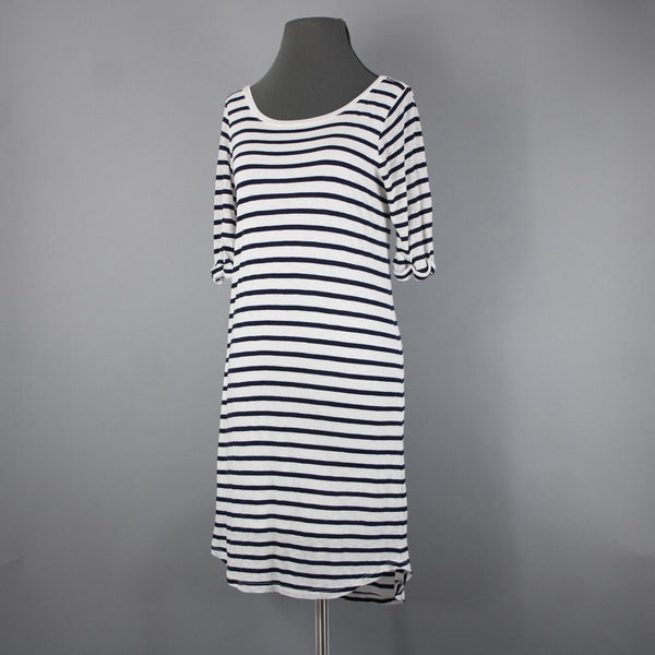 Splendid Sz S White Navy Blue Striped Round Neck Polyester Cotton Dress