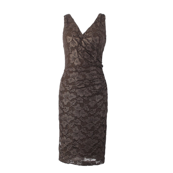 Lauren Ralph Lauren Dress Sz 6 Brown Gold Metallic Lace Overlay Poly Dress