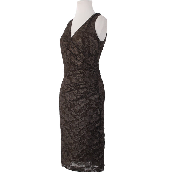 Lauren Ralph Lauren Dress Sz 6 Brown Gold Metallic Lace Overlay Poly Dress