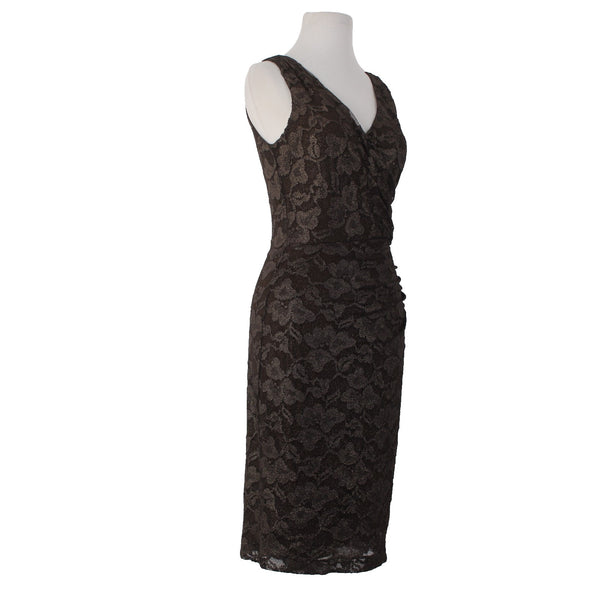 Lauren Ralph Lauren Dress Sz 6 Brown Gold Metallic Lace Overlay Poly Dress