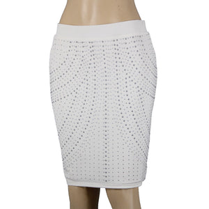 Cache Sz 10 White Ivory Silver Studded Elastic Waist Polyester Pencil Skirt