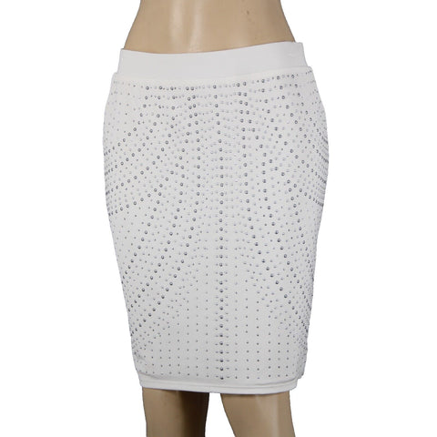 Cache Sz 10 White Ivory Silver Studded Elastic Waist Polyester Pencil Skirt