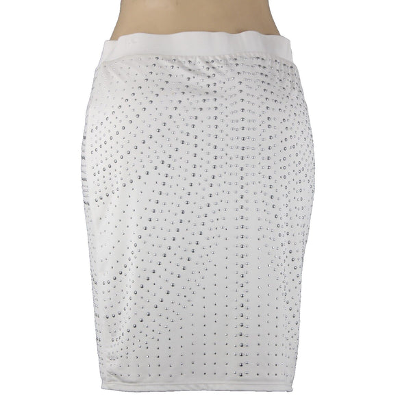 Cache Sz 10 White Ivory Silver Studded Elastic Waist Polyester Pencil Skirt
