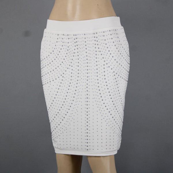 Cache Sz 10 White Ivory Silver Studded Elastic Waist Polyester Pencil Skirt