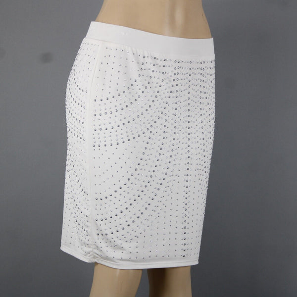 Cache Sz 10 White Ivory Silver Studded Elastic Waist Polyester Pencil Skirt