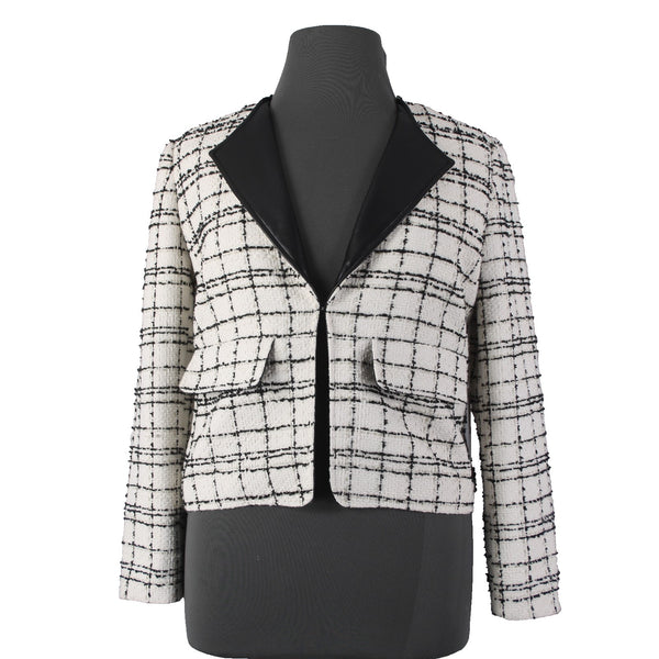 Chicos Blazer Jacket $139 Sz 2 White Black Gold Tweed Faux Leather Poly Metallic