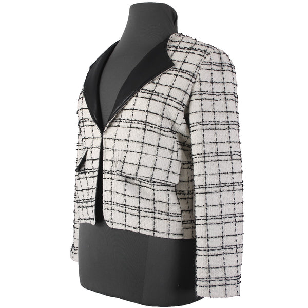 Chicos Blazer Jacket $139 Sz 2 White Black Gold Tweed Faux Leather Poly Metallic