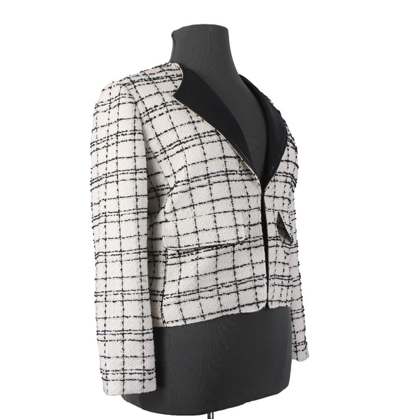 Chicos Blazer Jacket $139 Sz 2 White Black Gold Tweed Faux Leather Poly Metallic