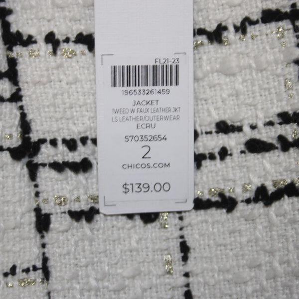 Chicos Blazer Jacket $139 Sz 2 White Black Gold Tweed Faux Leather Poly Metallic