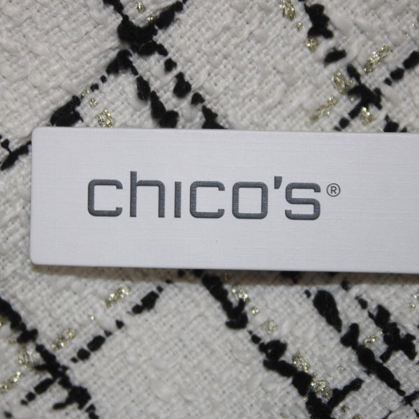 Chicos Blazer Jacket $139 Sz 2 White Black Gold Tweed Faux Leather Poly Metallic