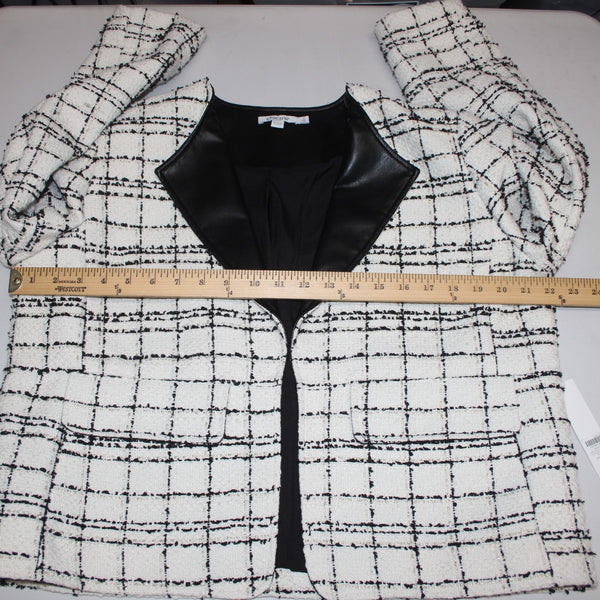 Chicos Blazer Jacket $139 Sz 2 White Black Gold Tweed Faux Leather Poly Metallic
