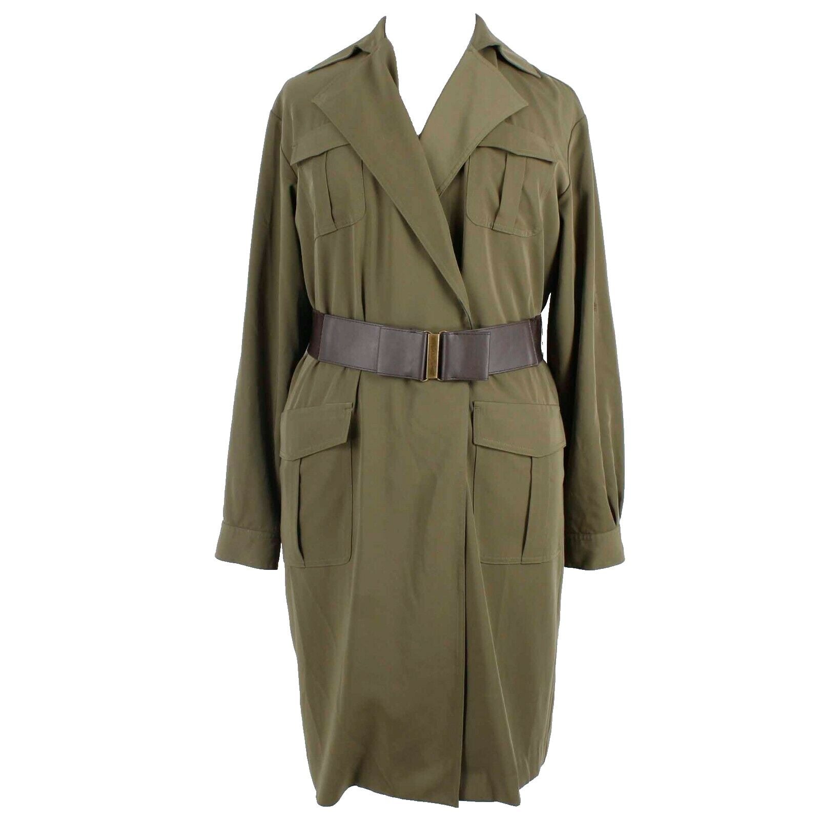 Anne Klein NEW $159 Olive Green Brown Belted Collared Polyester Blend Coat