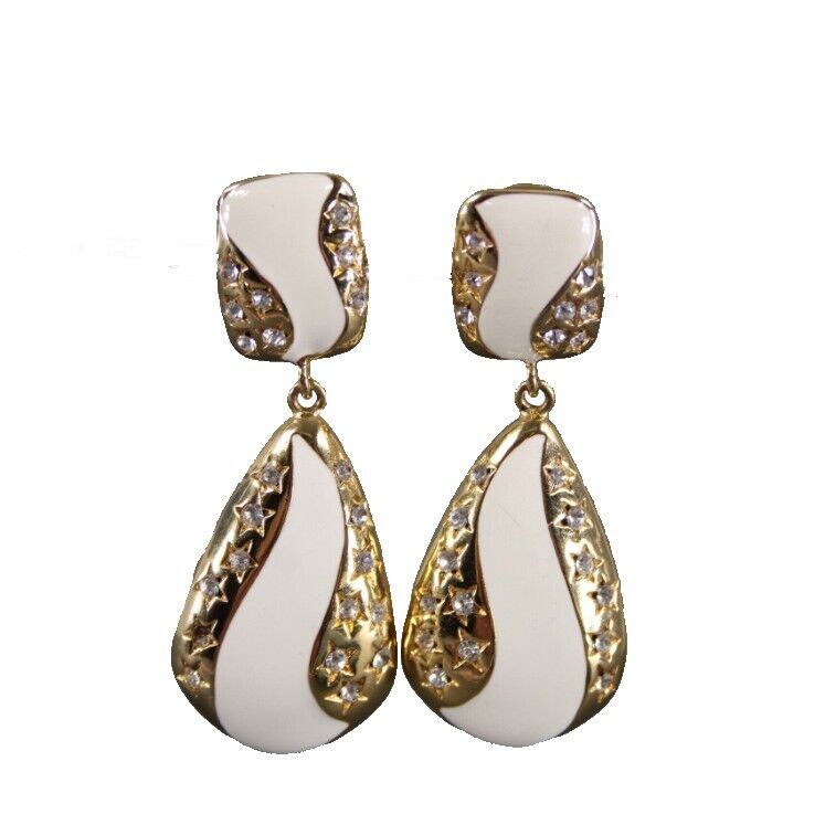 Goldtone Cream Enamel Rhinestones Star 2.5" Clip On AS IS Earrings