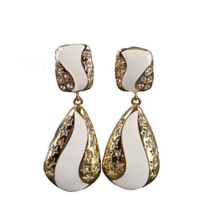 Goldtone Cream Enamel Rhinestones Star 2.5" Clip On AS IS Earrings