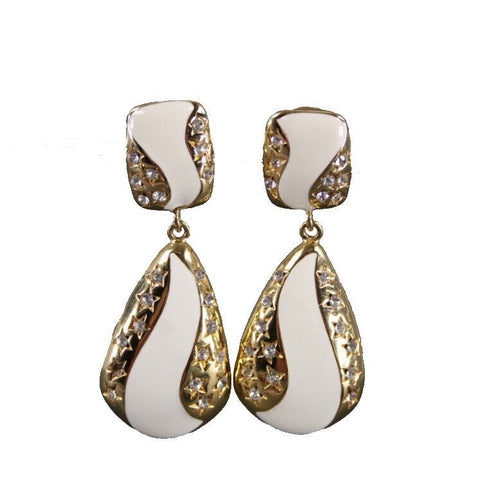 Goldtone Cream Enamel Rhinestones Star 2.5" Clip On AS IS Earrings