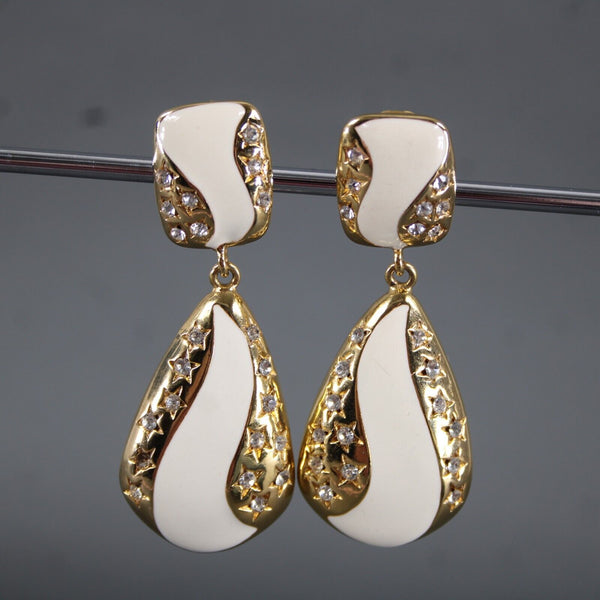 Goldtone Cream Enamel Rhinestones Star 2.5" Clip On AS IS Earrings
