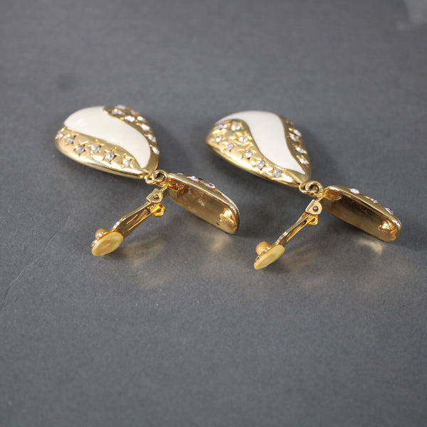 Goldtone Cream Enamel Rhinestones Star 2.5" Clip On AS IS Earrings
