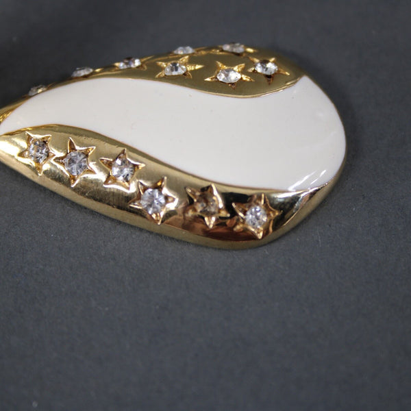 Goldtone Cream Enamel Rhinestones Star 2.5" Clip On AS IS Earrings