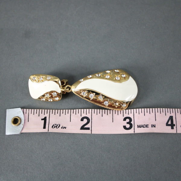 Goldtone Cream Enamel Rhinestones Star 2.5" Clip On AS IS Earrings