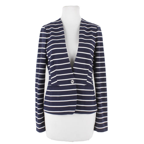 Banana Republic Sz 4 Navy White Striped Pockets V Neck Polyester Rayon Jacket