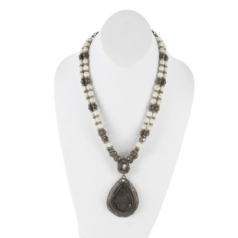 Chicos NEW $55 22.5" Brown Cream 2 Strand Drusy Crystal Pendant Necklace