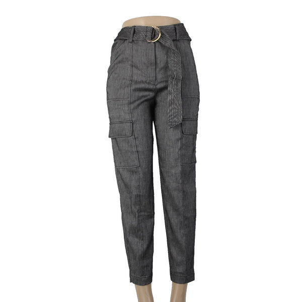 WHBM Pant NEW $110 Sz 4 x 27 Black White Tapered Ankle Belted Linen Poly Pant