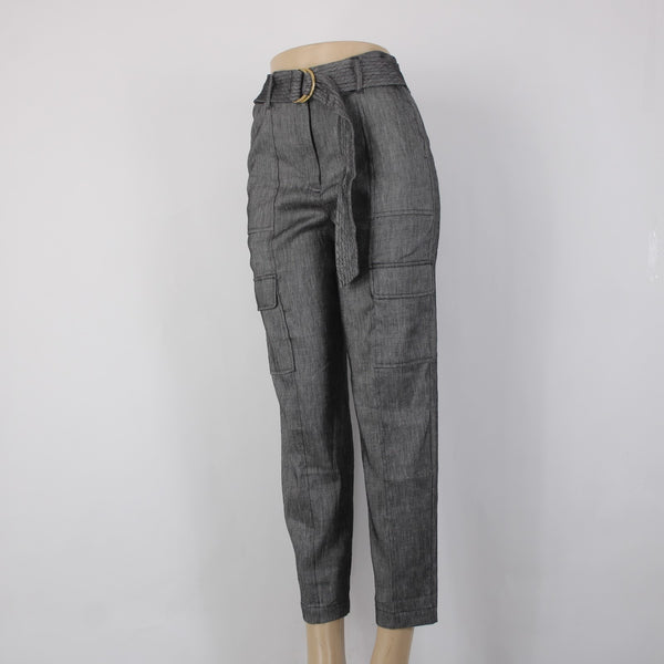 WHBM Pant NEW $110 Sz 4 x 27 Black White Tapered Ankle Belted Linen Poly Pant