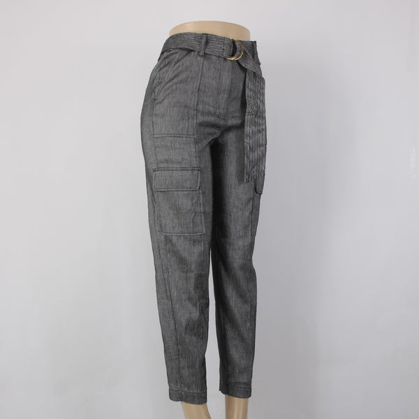 WHBM Pant NEW $110 Sz 4 x 27 Black White Tapered Ankle Belted Linen Poly Pant