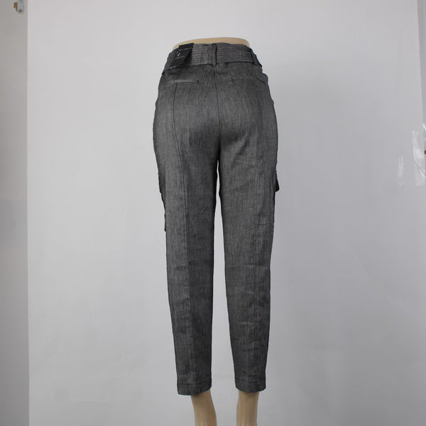 WHBM Pant NEW $110 Sz 4 x 27 Black White Tapered Ankle Belted Linen Poly Pant