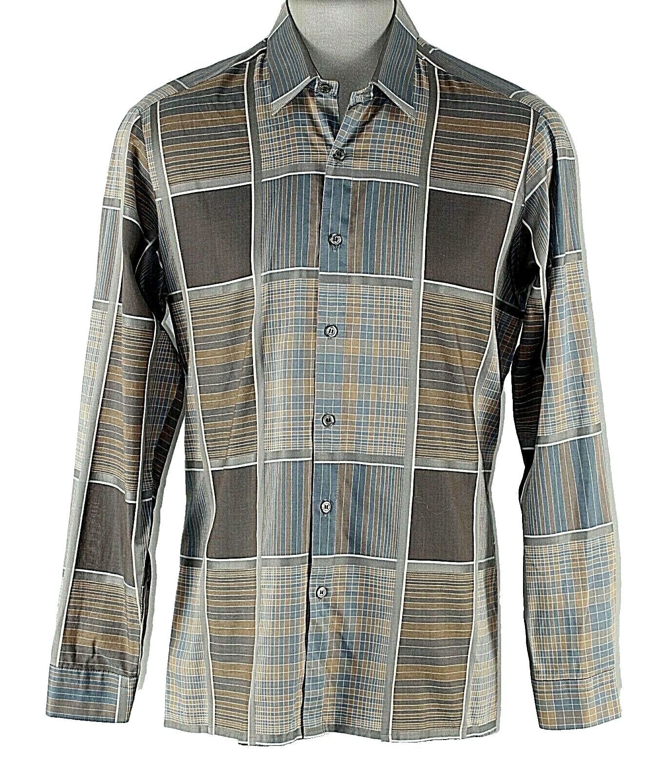 Daniel Schagen Sz L Brown Blue Gray Plaid 100% Swiss Cotton Button Down Shirt