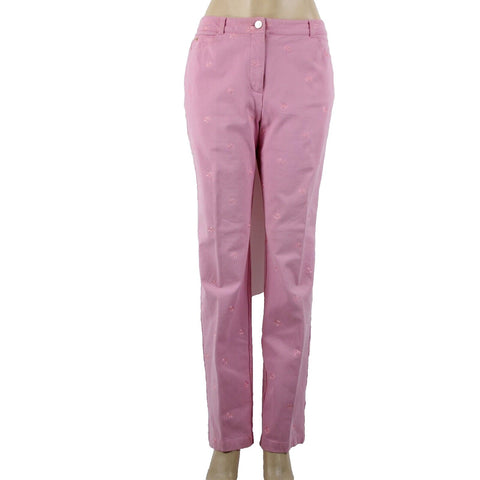 St John Sport Sz 8 x 31 Pink Embroid Straight Leg Pockets Spandex Cotton Pants