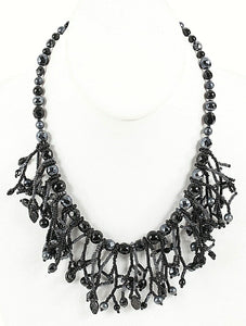 Black Gunmetal Graduated Glass Beads + Fringe Beads 17 + 4 Ext Necklace
