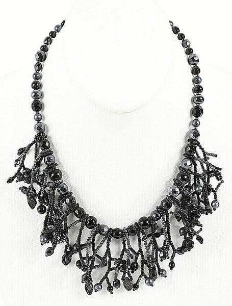 Black Gunmetal Graduated Glass Beads + Fringe Beads 17 + 4 Ext Necklace