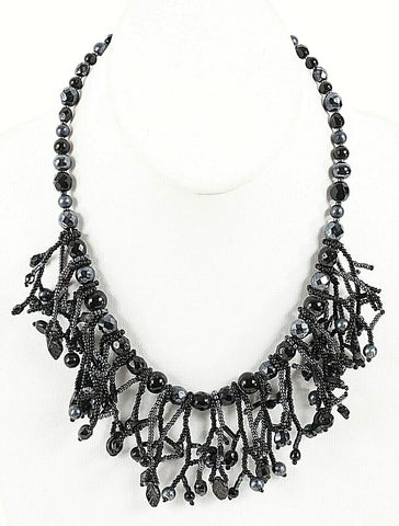 Black Gunmetal Graduated Glass Beads + Fringe Beads 17 + 4 Ext Necklace