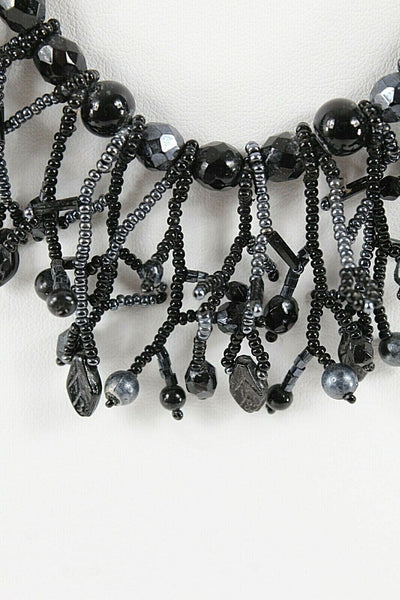 Black Gunmetal Graduated Glass Beads + Fringe Beads 17 + 4 Ext Necklace