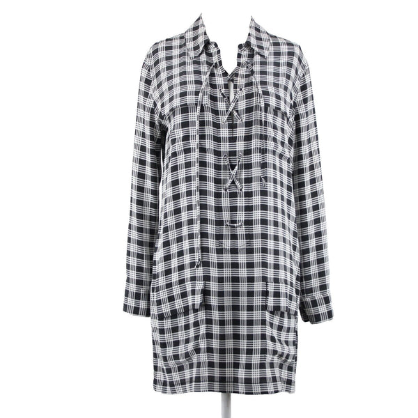Equipment Femme Sz XS Black White Plaid Collared Pockets 100% Silk Chiffon Dress