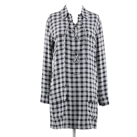 Equipment Femme Sz XS Black White Plaid Collared Pockets 100% Silk Chiffon Dress