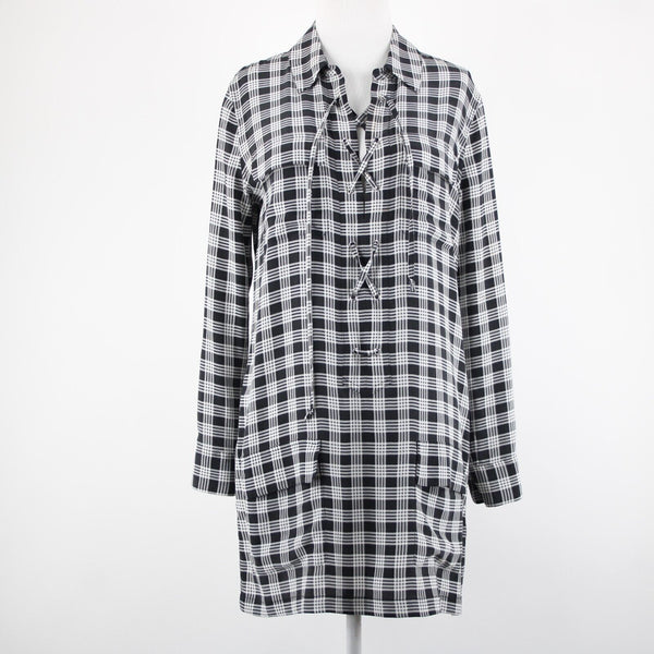 Equipment Femme Sz XS Black White Plaid Collared Pockets 100% Silk Chiffon Dress