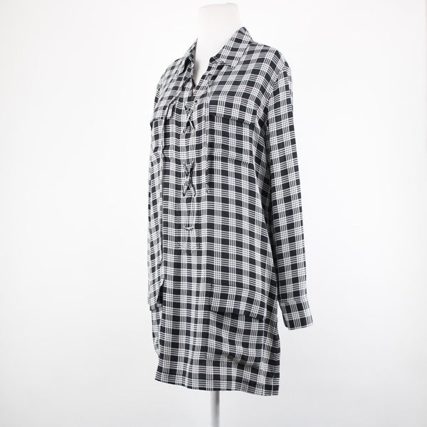 Equipment Femme Sz XS Black White Plaid Collared Pockets 100% Silk Chiffon Dress