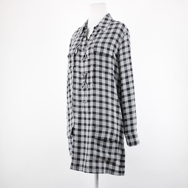Equipment Femme Sz XS Black White Plaid Collared Pockets 100% Silk Chiffon Dress