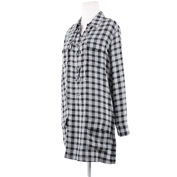 Equipment Femme Sz XS Black White Plaid Collared Pockets 100% Silk Chiffon Dress