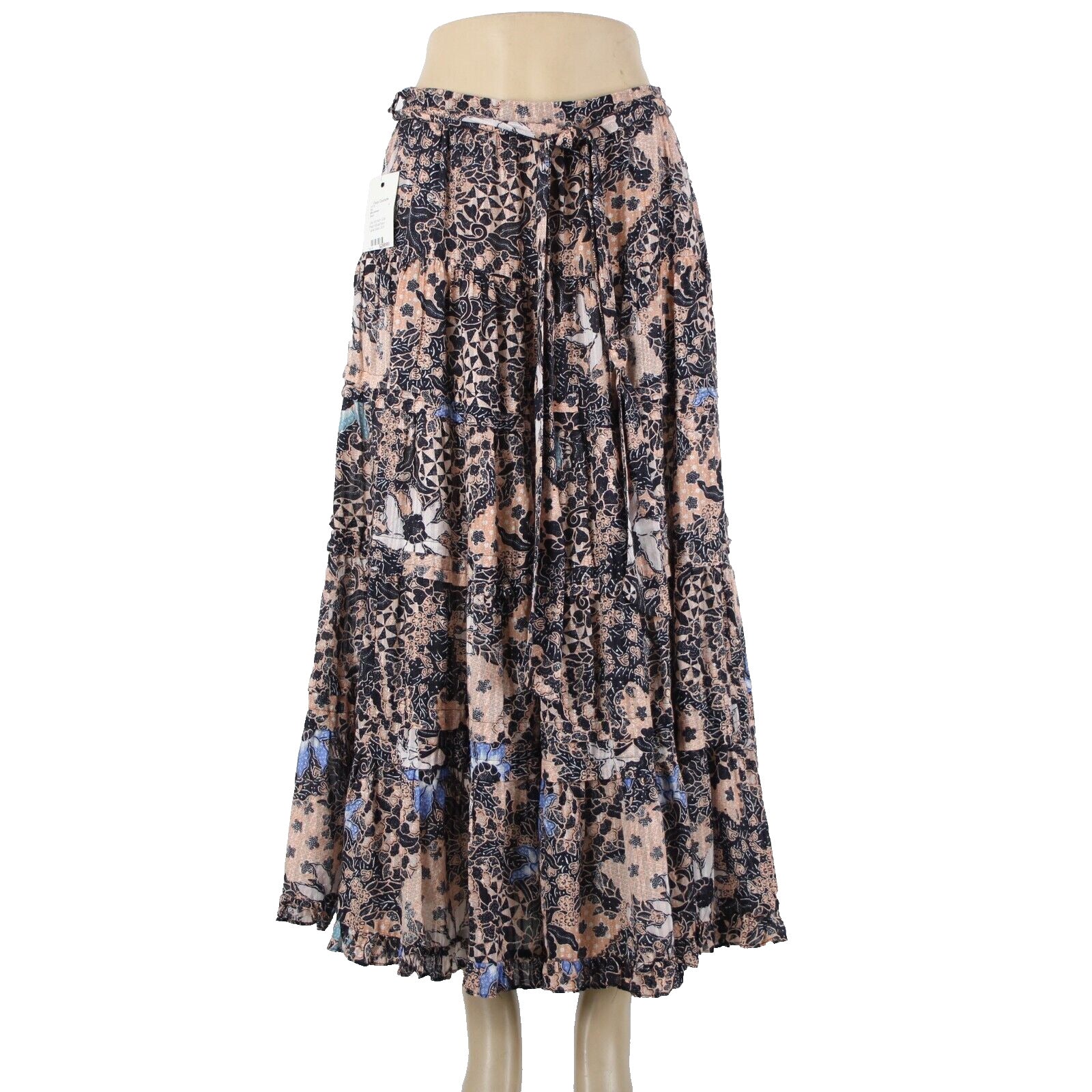 Ulla Johnson NEW $295 Foxy Couture Sz 4 Peach Navy Multi Tier Cotton Maxi Skirt