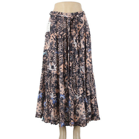 Ulla Johnson NEW $295 Foxy Couture Sz 4 Peach Navy Multi Tier Cotton Maxi Skirt