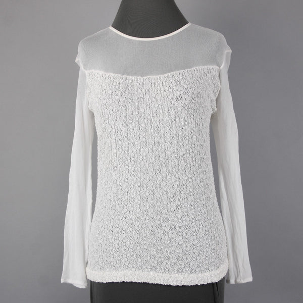 Veronica De Laurentiis Top NEW Sz M White Knit Mesh Long Sleeve Top