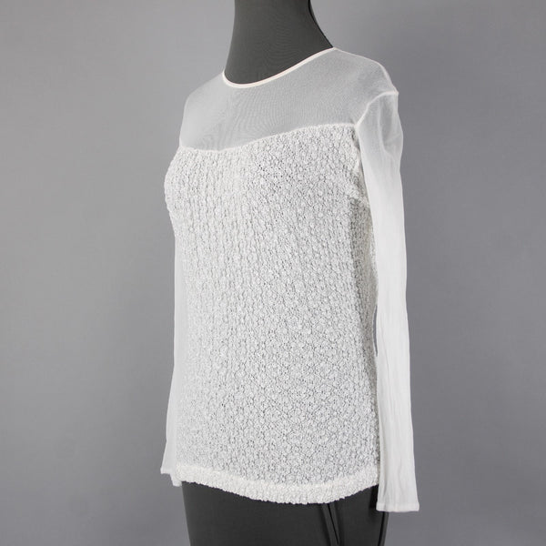 Veronica De Laurentiis Top NEW Sz M White Knit Mesh Long Sleeve Top