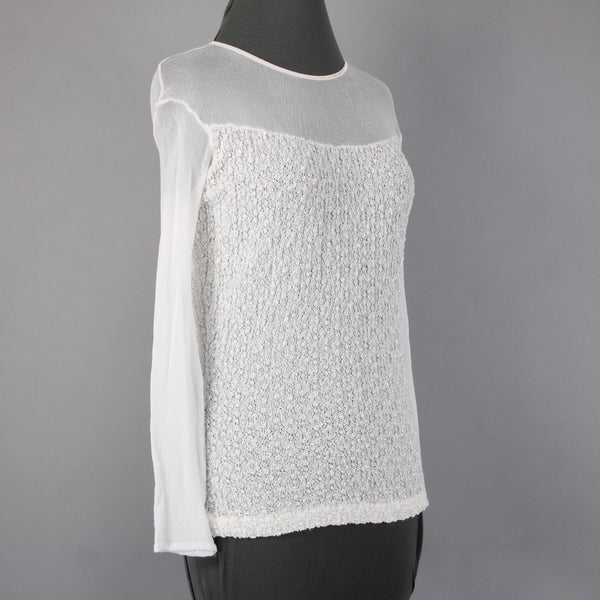 Veronica De Laurentiis Top NEW Sz M White Knit Mesh Long Sleeve Top