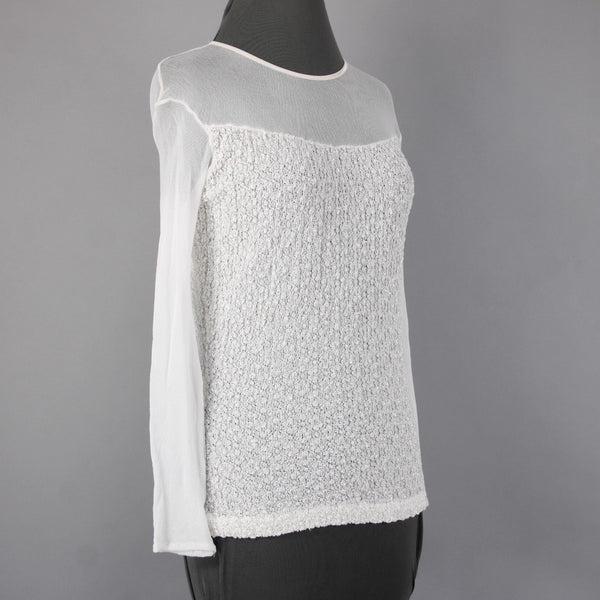 Veronica De Laurentiis Top NEW Sz M White Knit Mesh Long Sleeve Top
